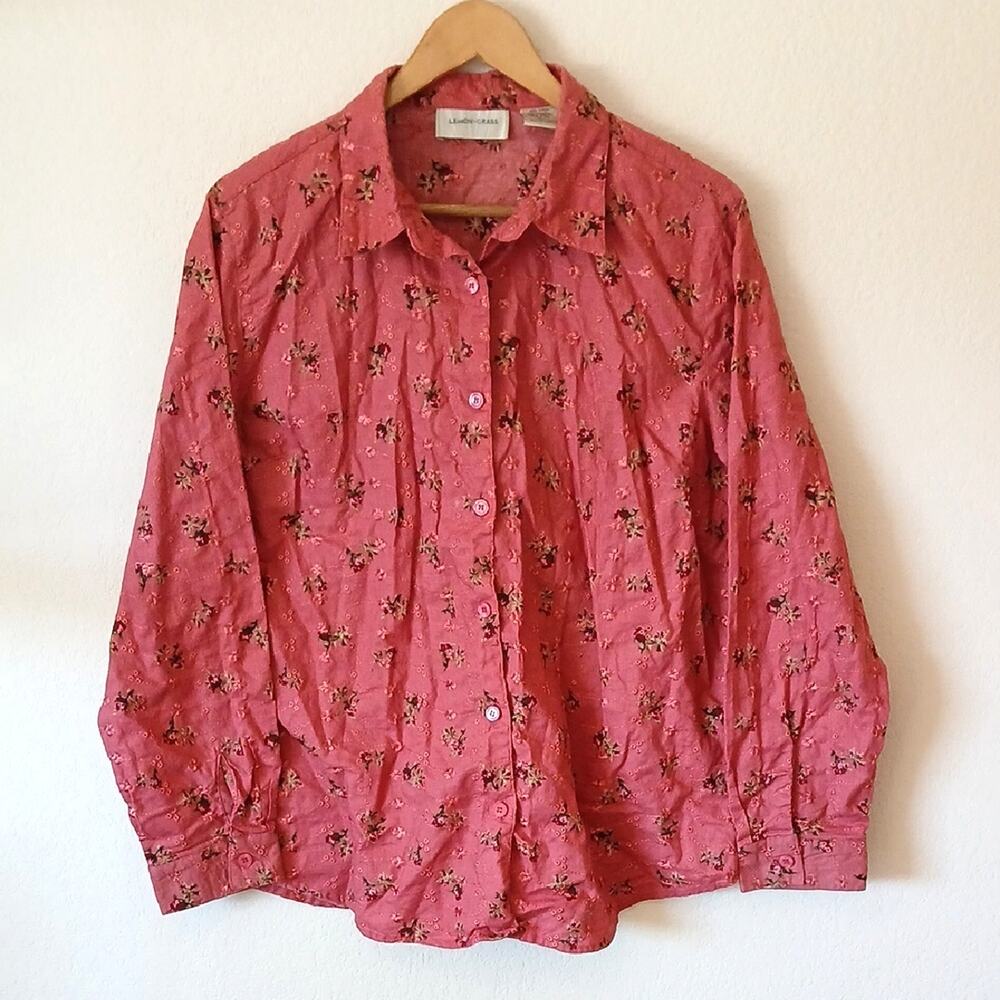 Lemon Grass Pink Embroidered Roses Button Up Shirt